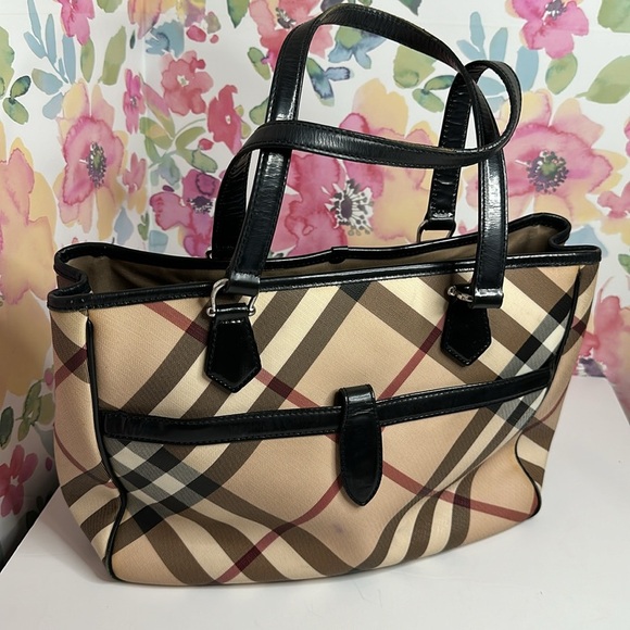 💯Authentic  BURBERRY HAYMARKET CHECK TOTE BAG LEATHER  HANDBAGS WOMEN🍀 - Picture 8 of 17